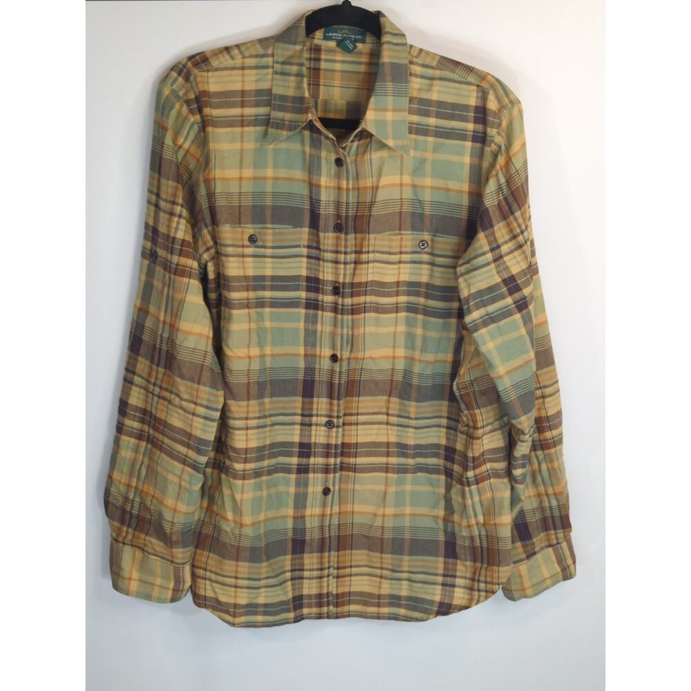 LRL Lauren Jeans Co. Yellow Blue Plaid Button Up Top Womens L Preppy Cottagecore